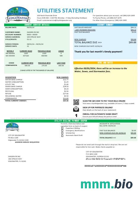 USA Florida City of Edgewater rachunek za usługi komunalne szablon w formacie Word i PDF